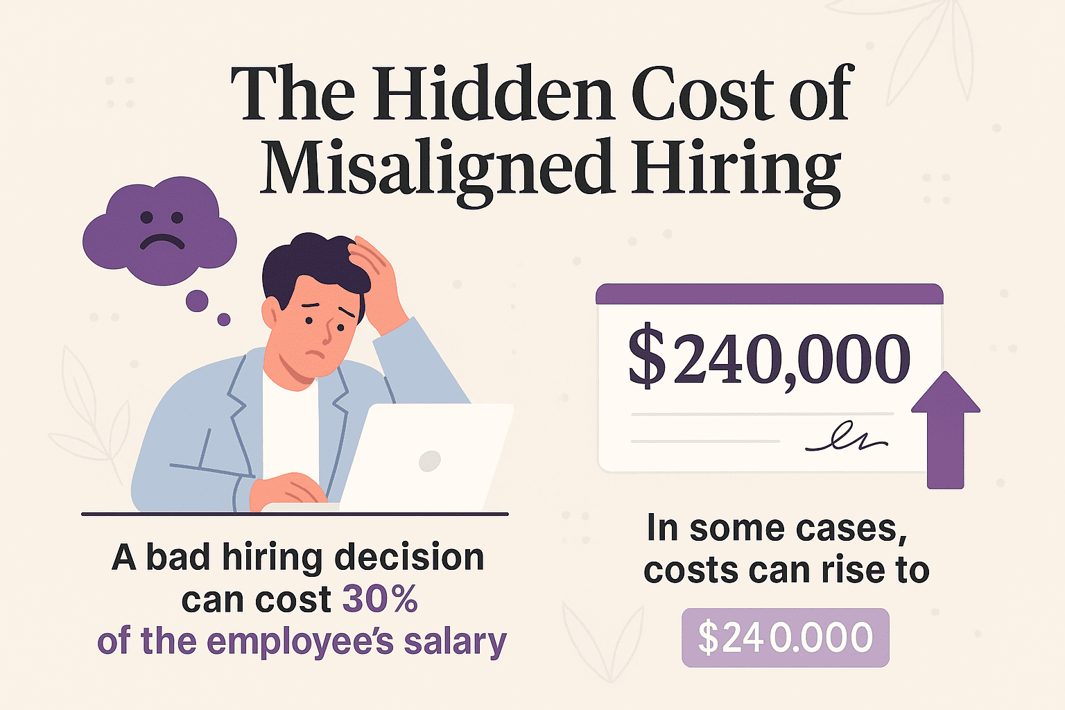 Flat-style digital illustration showing a stressed startup founder reviewing hiring costs, surrounded by symbols of wasted time, money, and team misalignment.