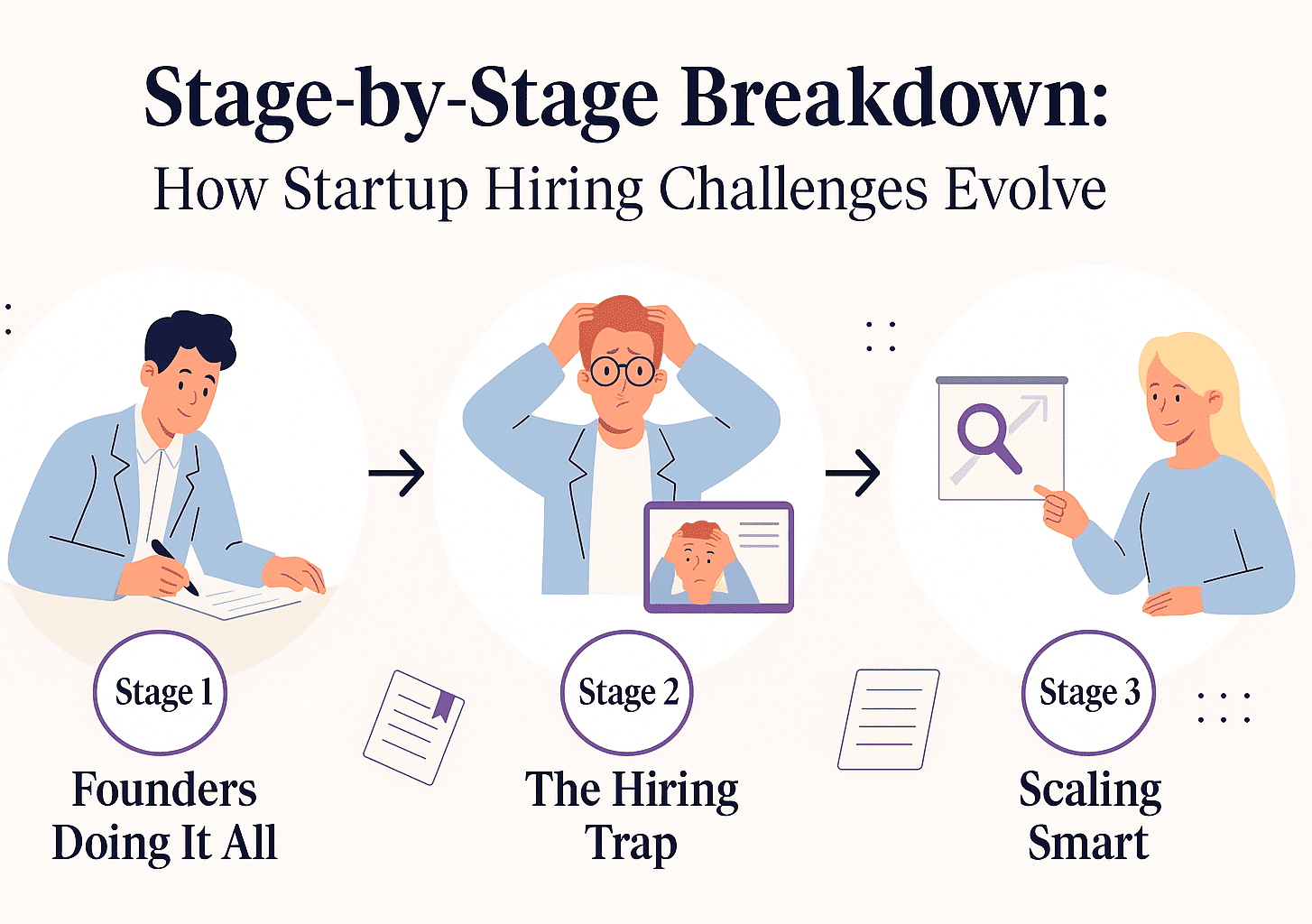 Infographic illustrating three stages of startup hiring challenges: Stage 1 Founders Doing It All, Stage 2 The Hiring Trap, and Stage 3 Scaling Smart, with flat-style illustrations of team members.
